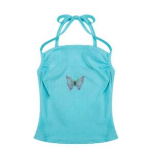 Sweet & Edgy Style Slim-Fit Blue Tank Top with Butterfly Print